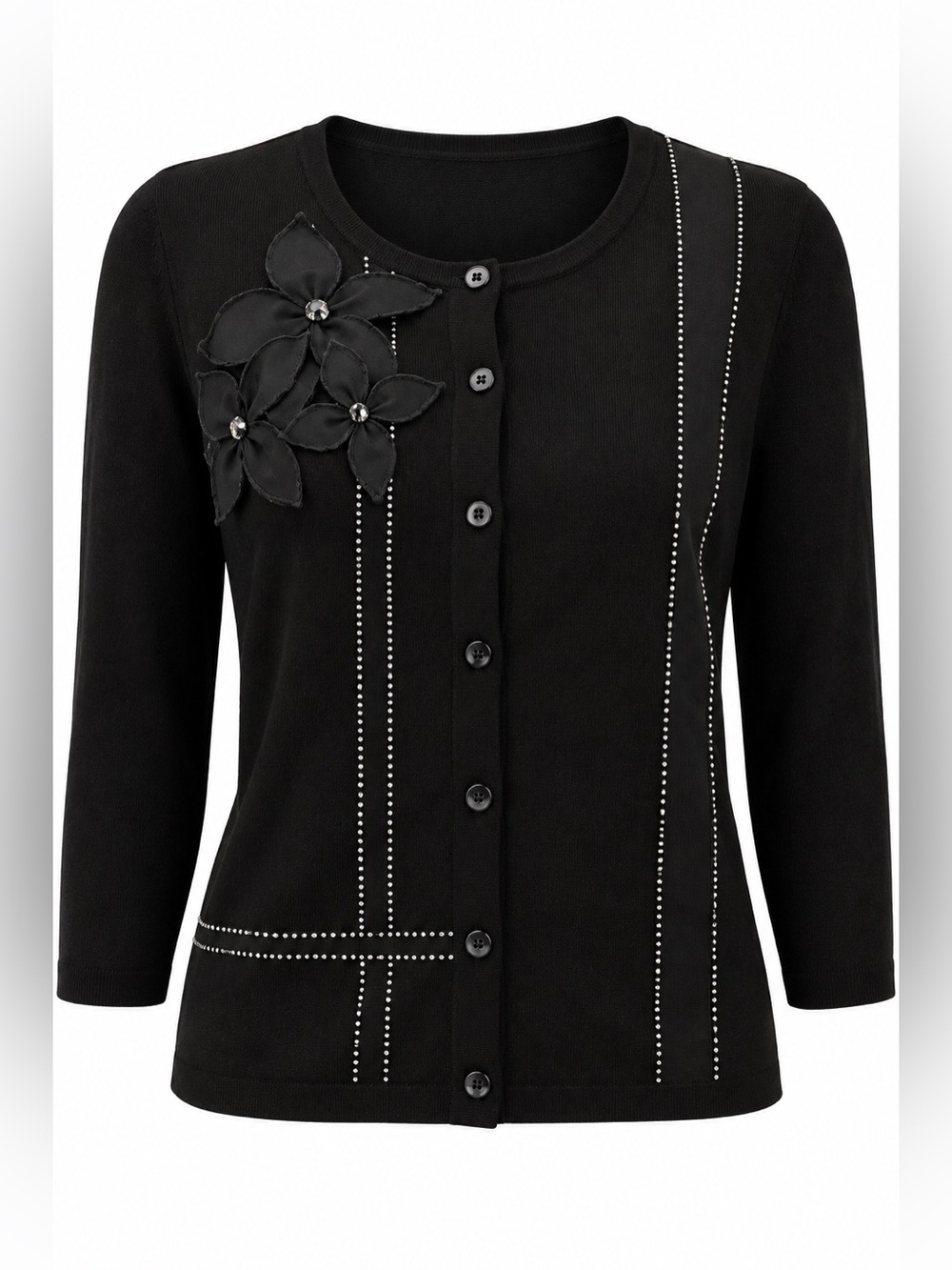 Koret Black Floral Appliqué Cardigan Rhinestone Button Sweater